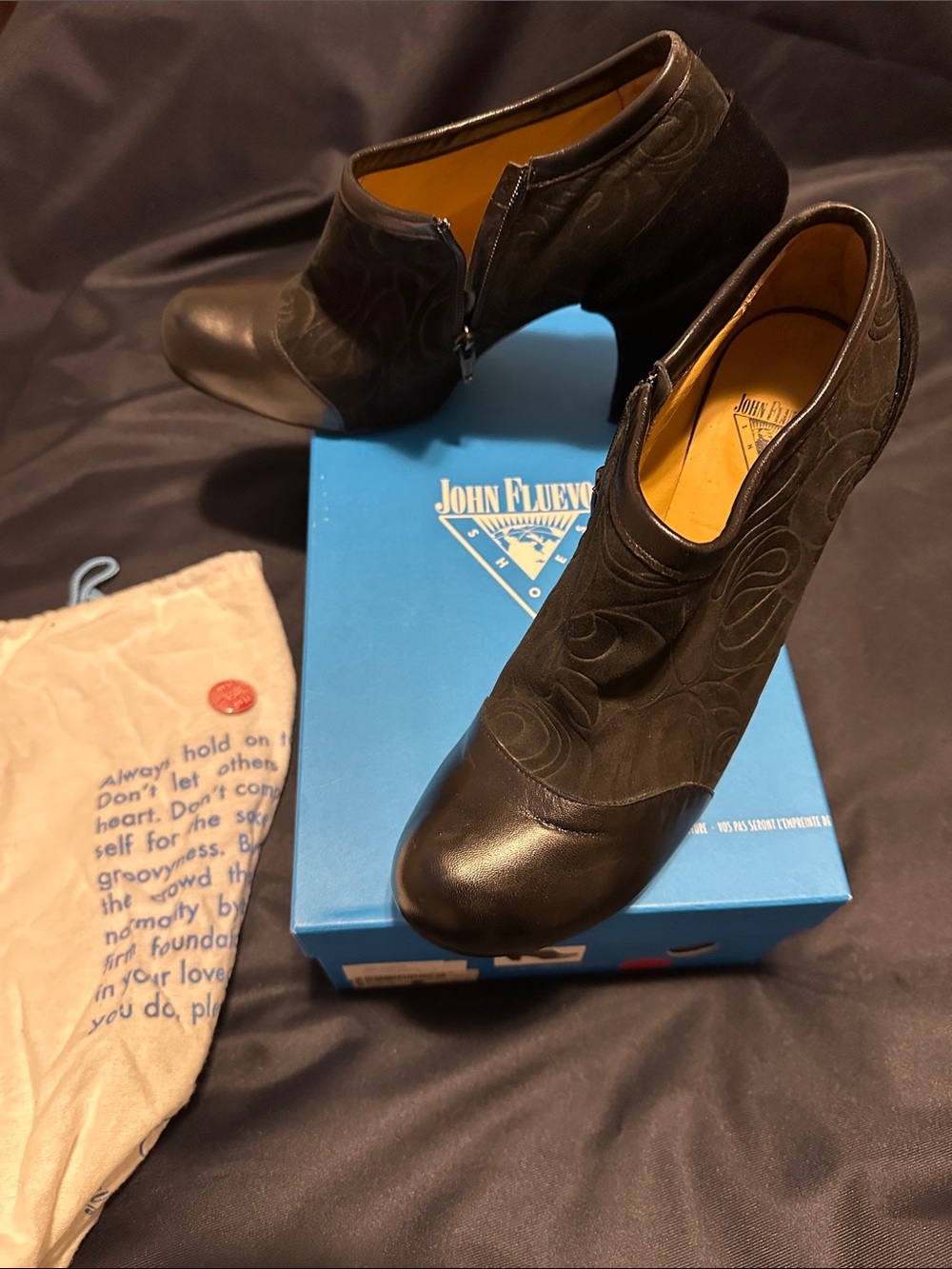 John Fluevog Black Women's Suede & Leather Ankle Booties